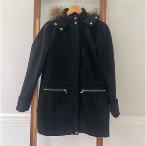 Black winter coat with faux fur hood